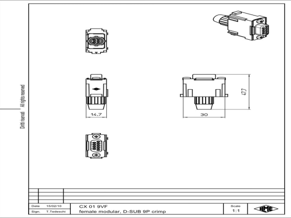 female insert, MIXO, 1MU, 9p, crimp, 5A, 50V, D-SUB