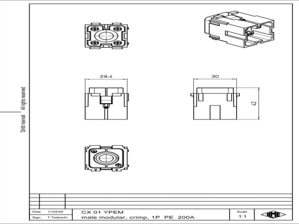 male insert, MIXO, 2MU, 1PE, crimp, 200A